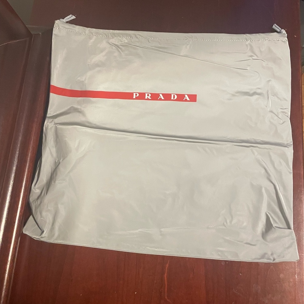 NWOT PRADA MILANO SILVER DRAWSTRING SHOE/DUST STORAGE BAG 15” x 14”